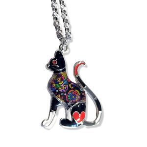 Silver-Tone Multi-Color Hodge Podge Enamel Black Cat Pendant 20" + 3" Extender